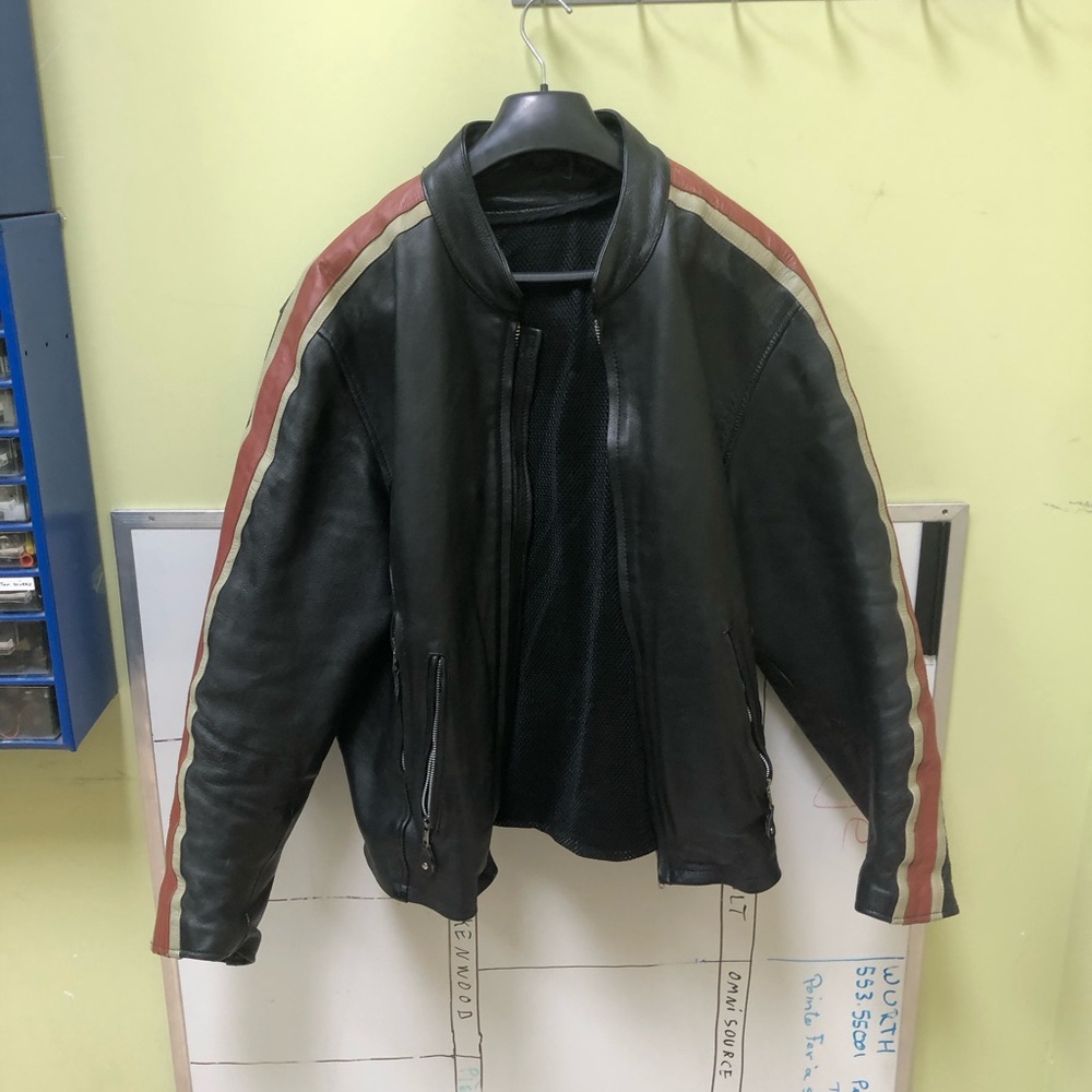 Men's Black Leather Jacket with Red and White Stripes